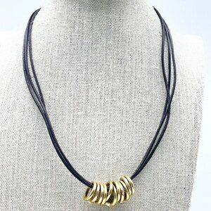 CHICOS Multi Ring Necklace Brown Cord Gold Tone Bead Accents Ethnic Native Tribe